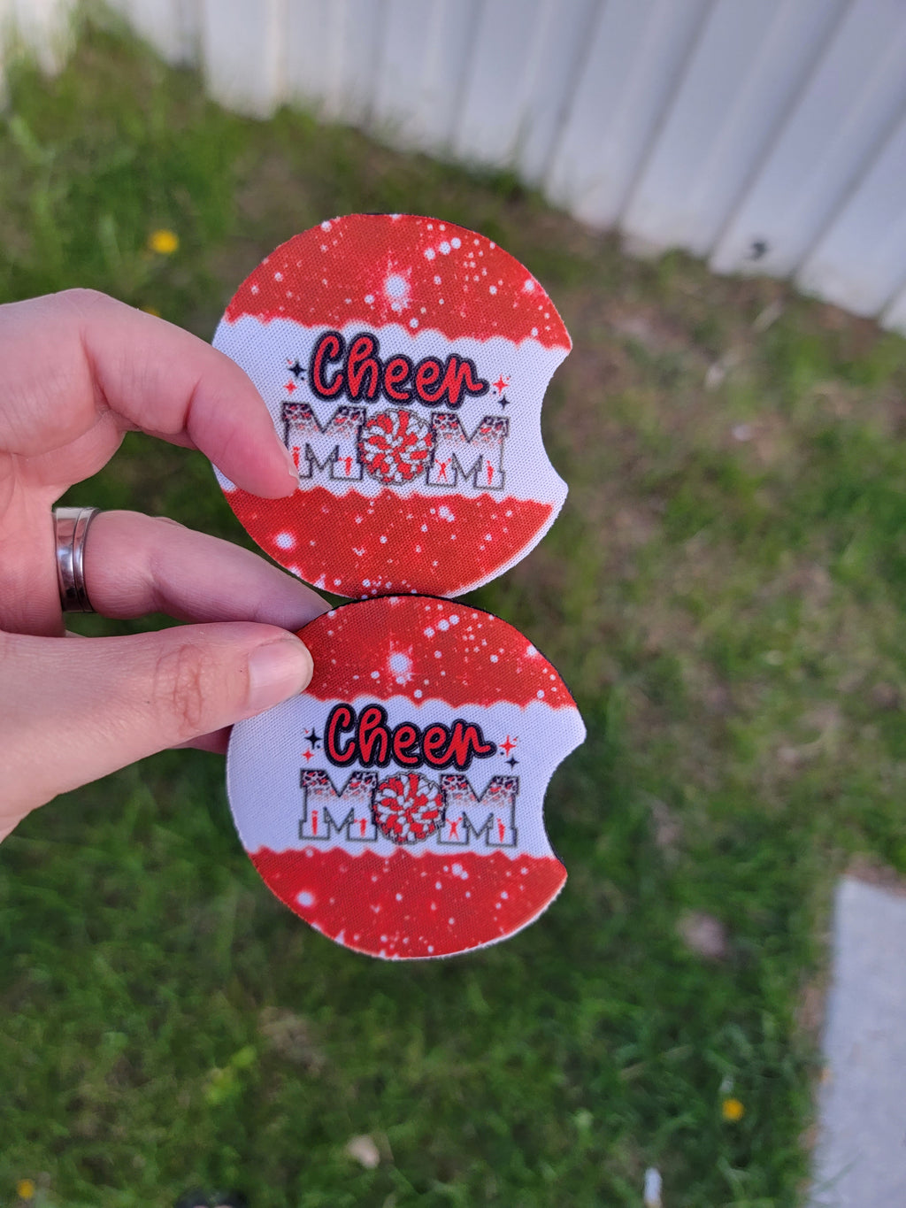 Red cheer mom car coasters