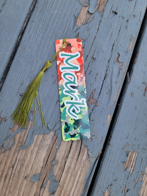 Small red/green camo flowers bookmark