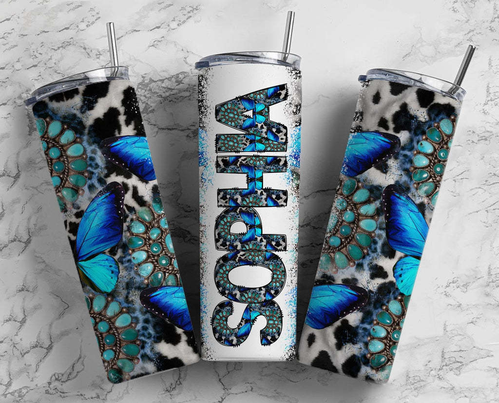 blue butterfly with name tumbler